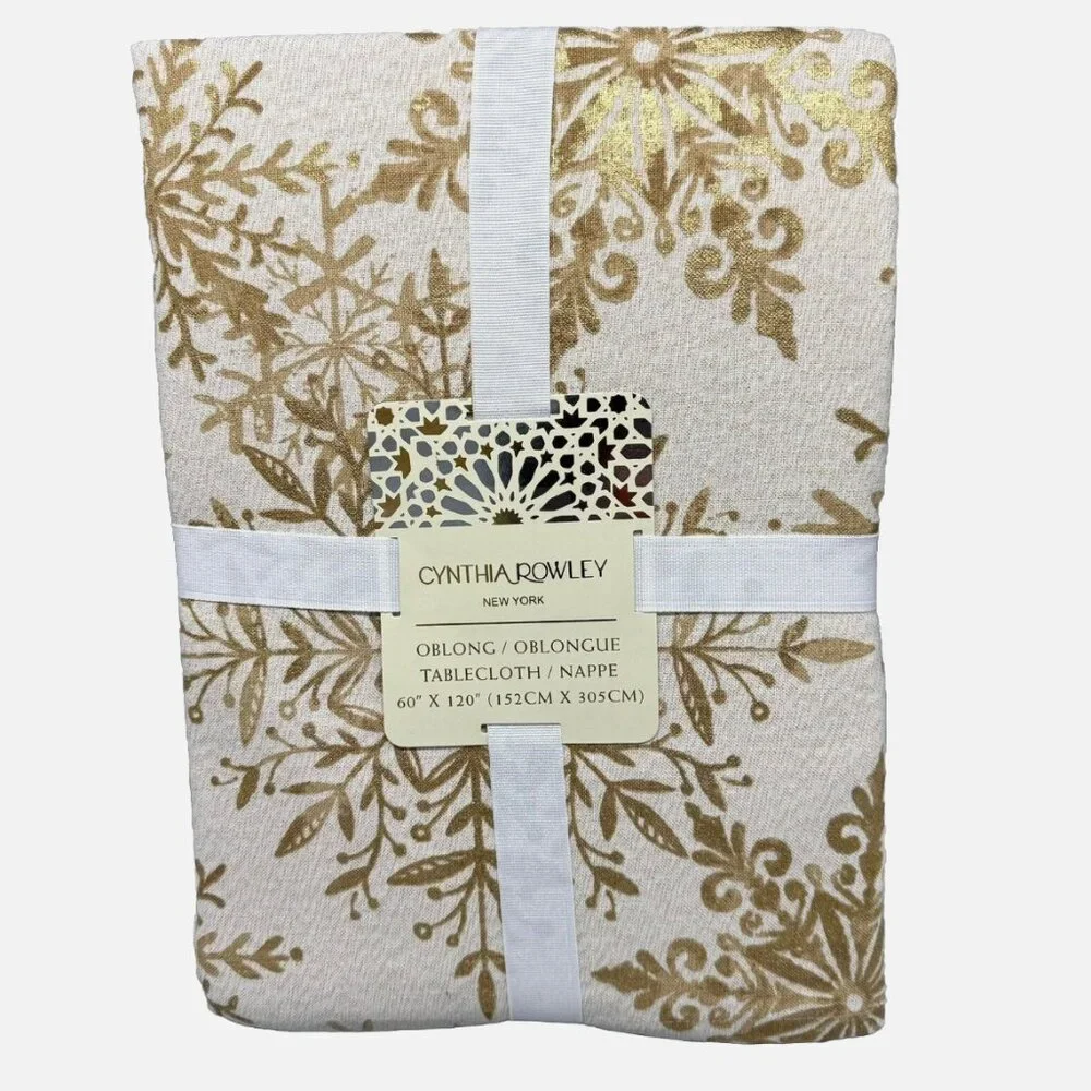 Cynthia Rowley Ornate Gold Snowflake Tablecloth 60x120 Sparkle Christmas Holiday